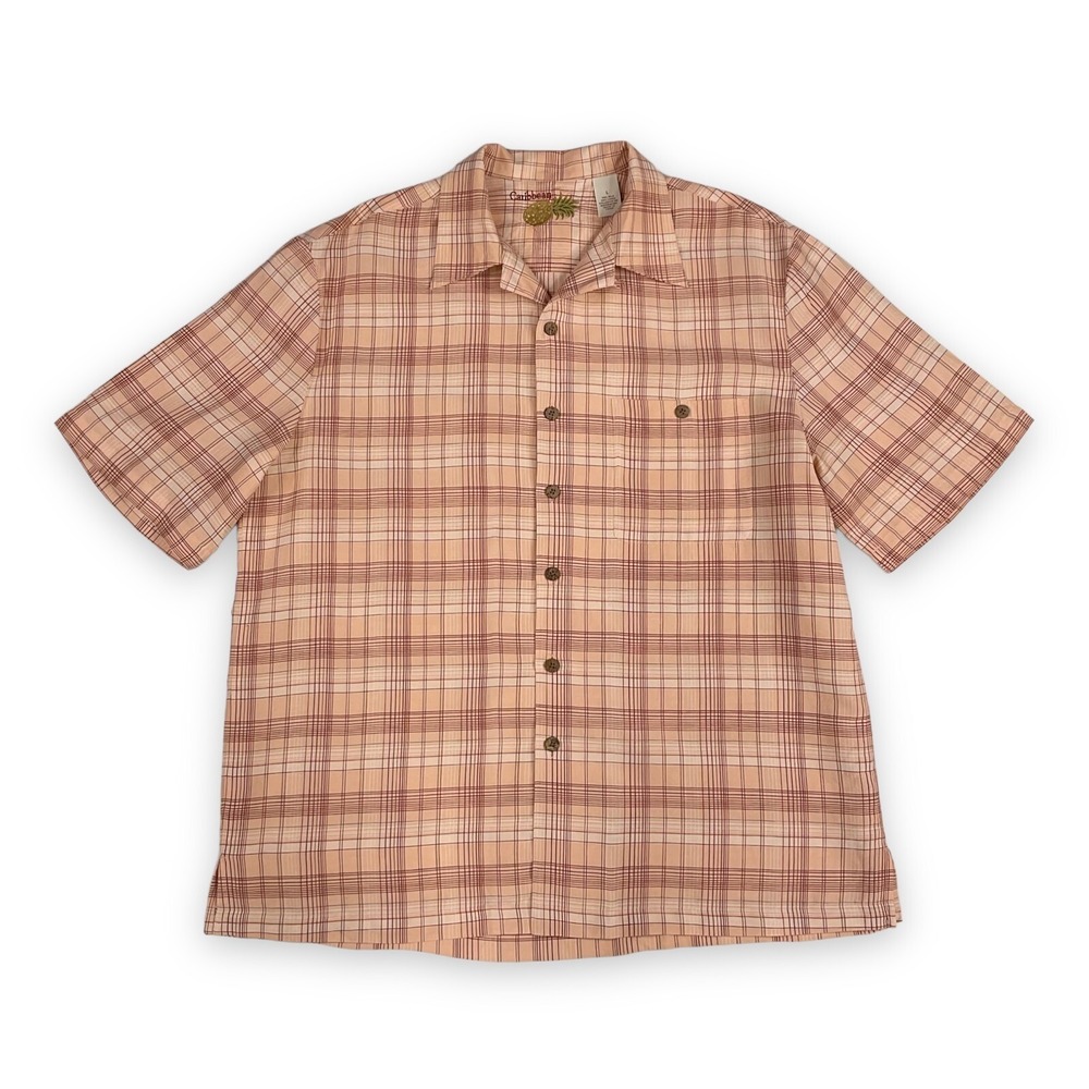 Caribbean Shirt Men Large Silk‎ Linen Short Sleeve Button Down Plaid Orange